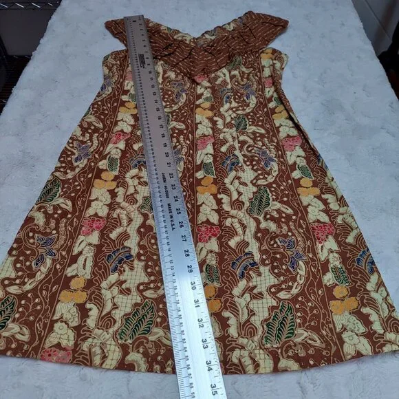 Batik Keris Womens Cotton Brown Floral Off Shoulder Shift Dress Small Sleeveless - Picture 5 of 5